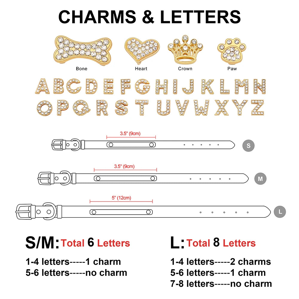 Custom Leather Dog Collar Personalized Dogs Name Collars Bling Rhinestone Pet Necklace DIY Name Free Bone Paw Heart Charm