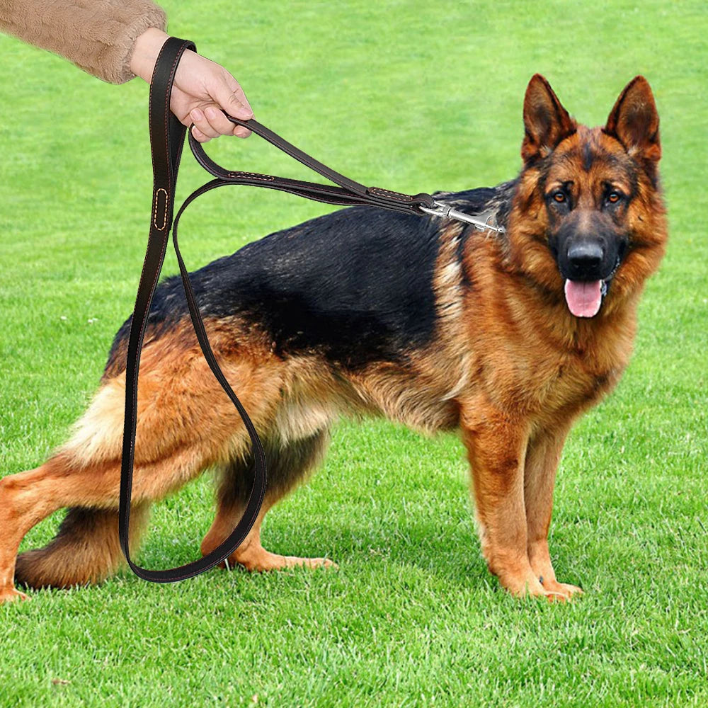 Genuine Leather Pet Dog Leash Rope Pet Training Walking Lead Leashes For Medium Large Dogs Quick Control With 2 Handles