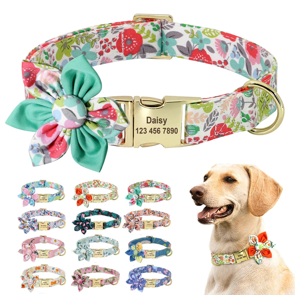 Persoalized Dog Collar Flower Printed Nylon Dog ID Collars Free Engraved Nameplate For Small Medium Large Dogs Chihuahua Pug