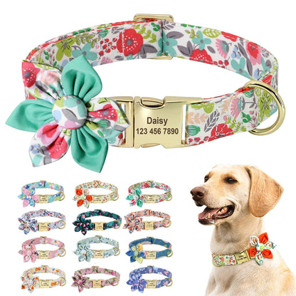 Persoalized Dog Collar Flower Printed Nylon Dog ID Collars Free Engraved Nameplate For Small Medium Large Dogs Chihuahua Pug
