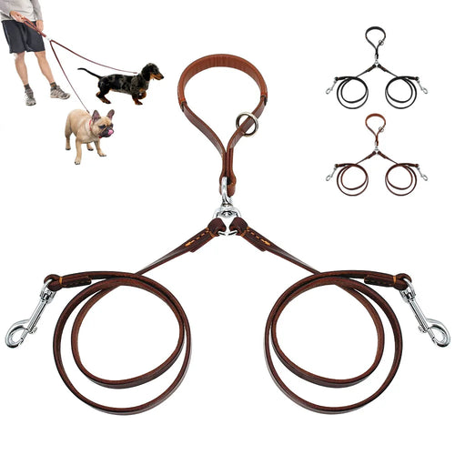 Double Dog Leash Genuine Leather Dual Dog Leash 360 Swivel Walking & Training Leash For Two Dogs Soft Handle