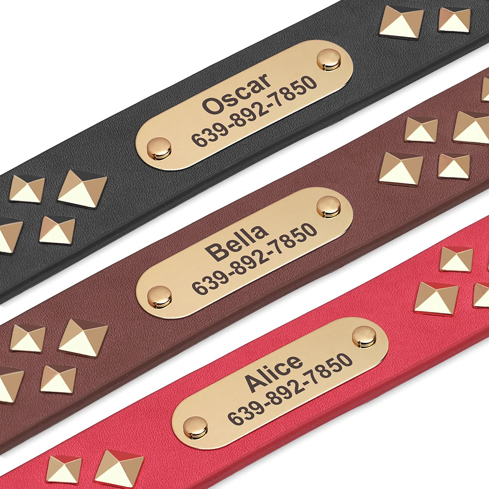 Personalized Genuine Leather Dog Collar Cool Spiked Custom Dog Collars Free Engraved Pet Necklace for Small Medium Dogs Pug