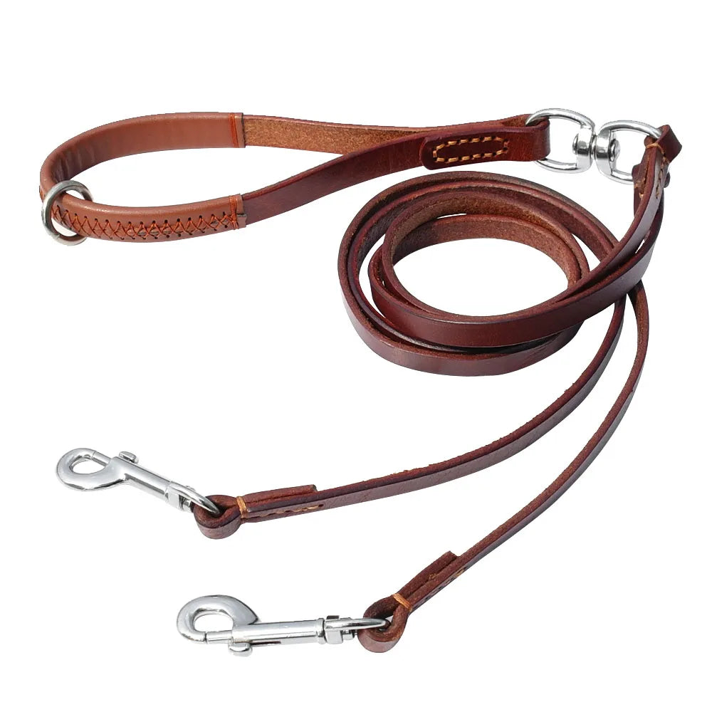 Double Dog Leash Genuine Leather Dual Dog Leash 360 Swivel Walking & Training Leash For Two Dogs Soft Handle