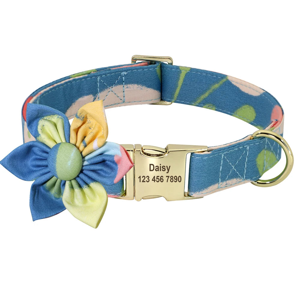 Persoalized Dog Collar Flower Printed Nylon Dog ID Collars Free Engraved Nameplate For Small Medium Large Dogs Chihuahua Pug